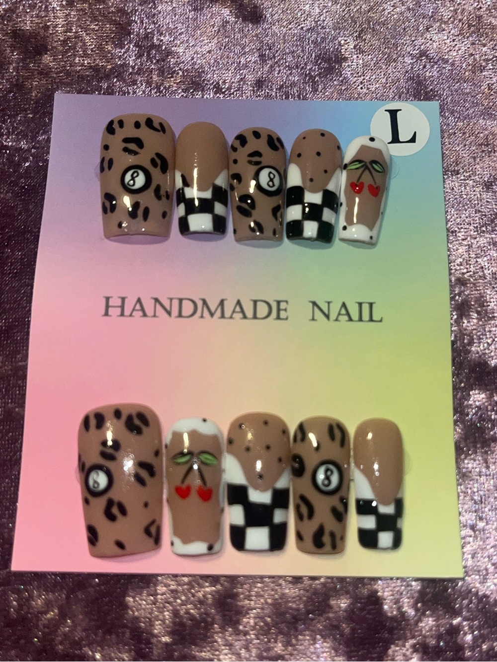 Handmade Beige Leopard & Checker Press-On Nails with Cherry Accent